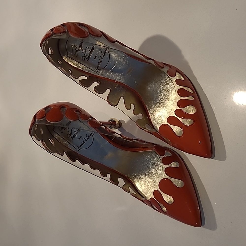 Roger Vivier Red Patent Leather Pointed Toe Heels with Gold Accents